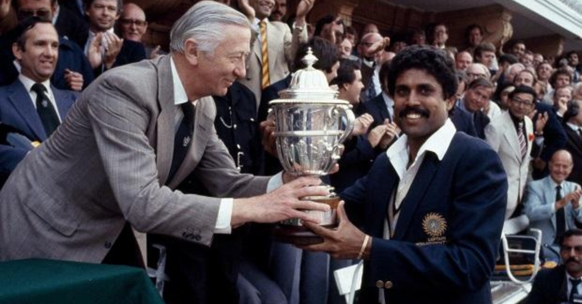 Kapil Dev lifting the 1983 Cricket World Cup trophy